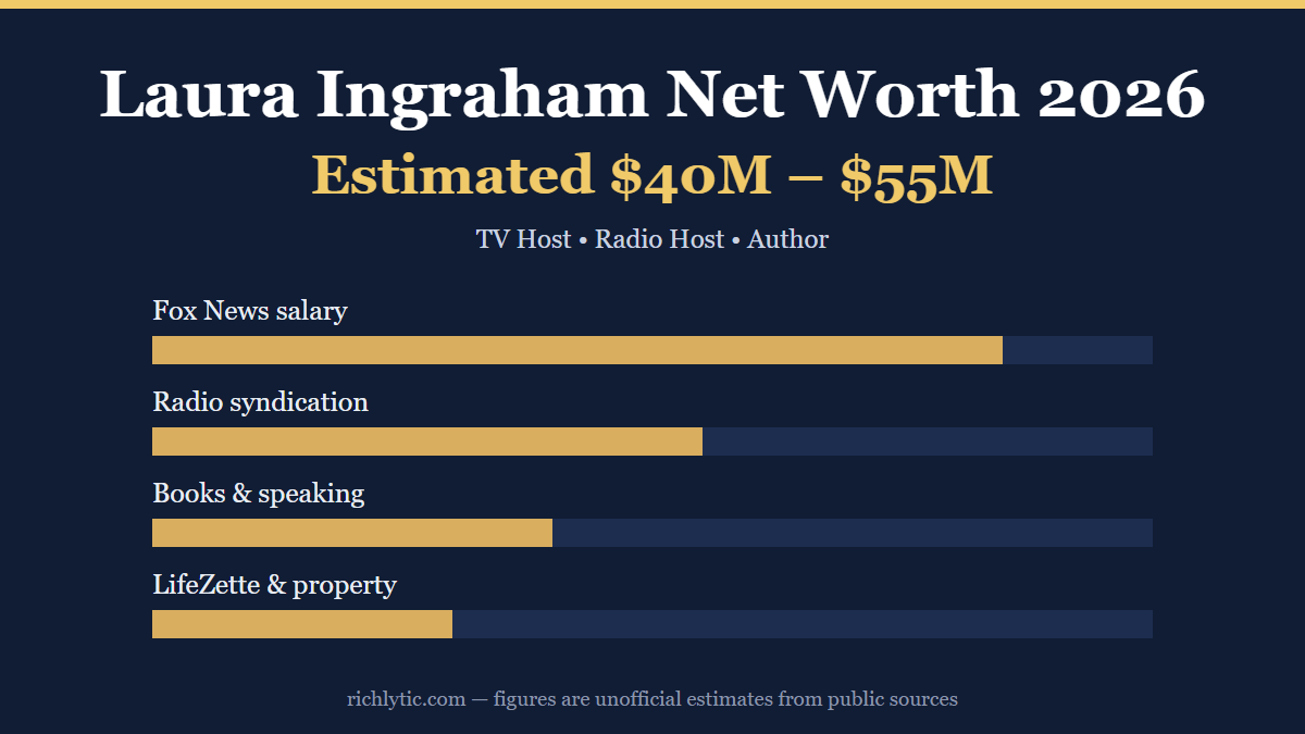 Laura Ingraham net worth 2026 infographic showing an estimated 40 to 55 million dollars and her main income sources